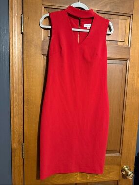 Calvin Klein Red V-Neck Midi Dress with Choker Collar
